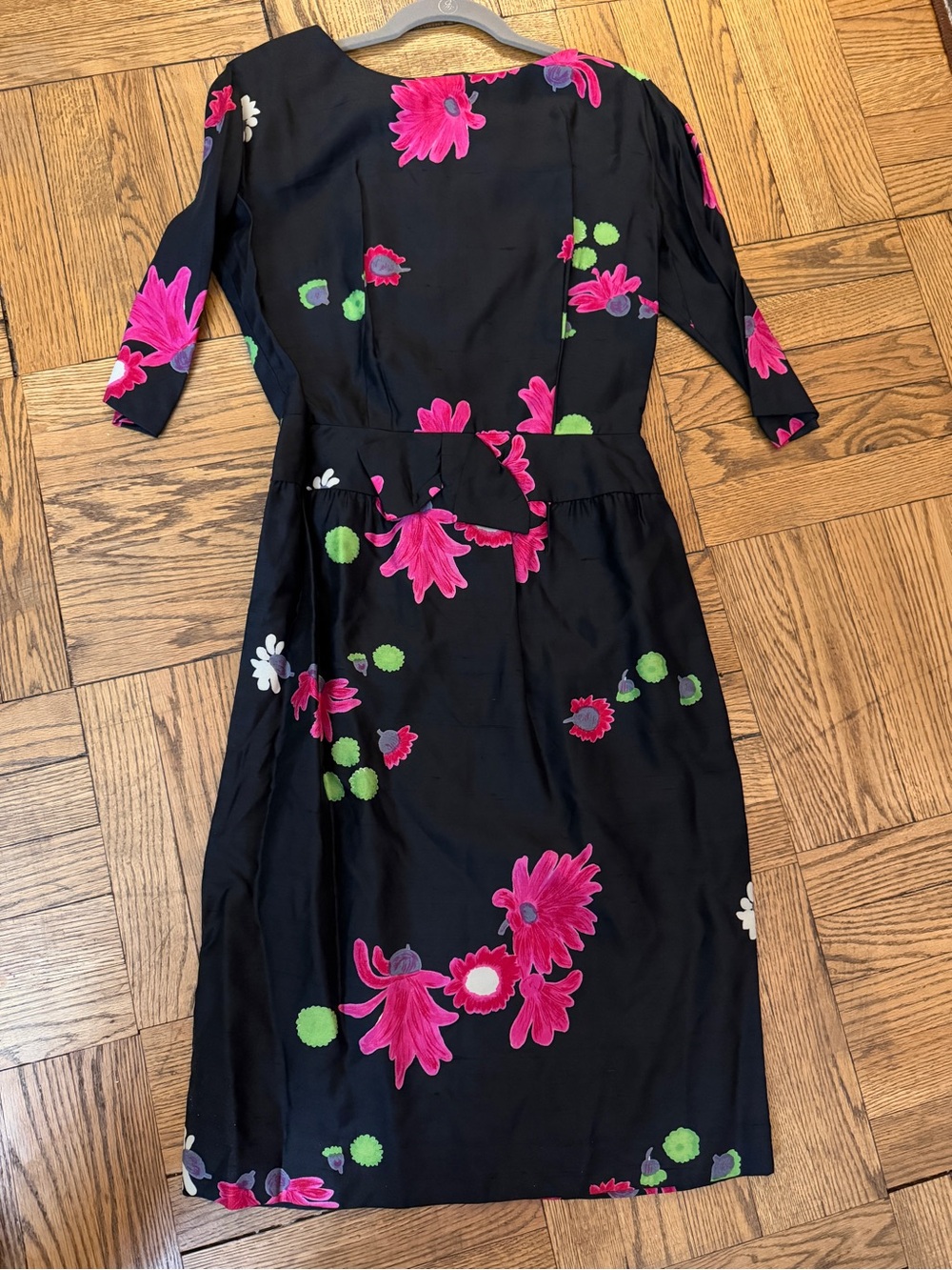 Vintage Johnston & Stein Chicago Grole Original Black Floral Dress Bow Waist Sm